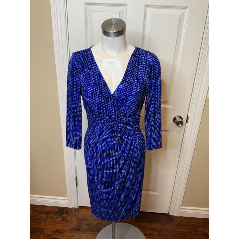Lauren Ralph Lauren Blue & Black Patterned V-Neck Gathered Sheath Dress, Size 6